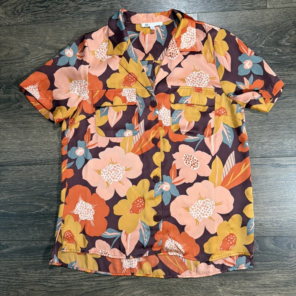 DR2 Sz M Retro Floral Beach Shirt Button Front Hawaiian Resort Vacation Boho